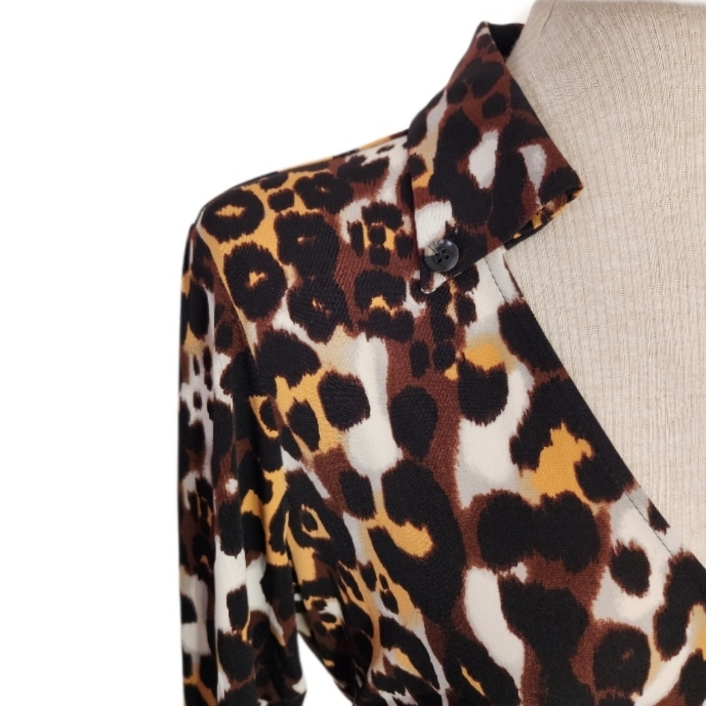Dennis Basso Dress Leapard Print Faux Wrap Stretchy Long Sleeve V-Neck G… - Picture 8 of 12
